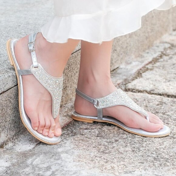 SheSole Women Sparkly Rhinestone Flat Sandals Dressy Summer Bridal Wedding Shoes - Picture 5 of 9